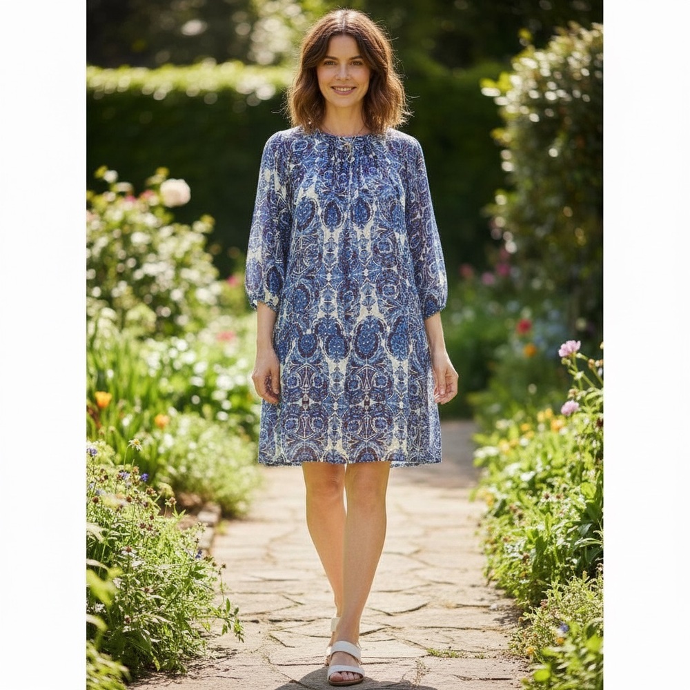 Eva Mendes New York & Co Dress Purple Blue Boho Long Sleeve floral tunic Size XS